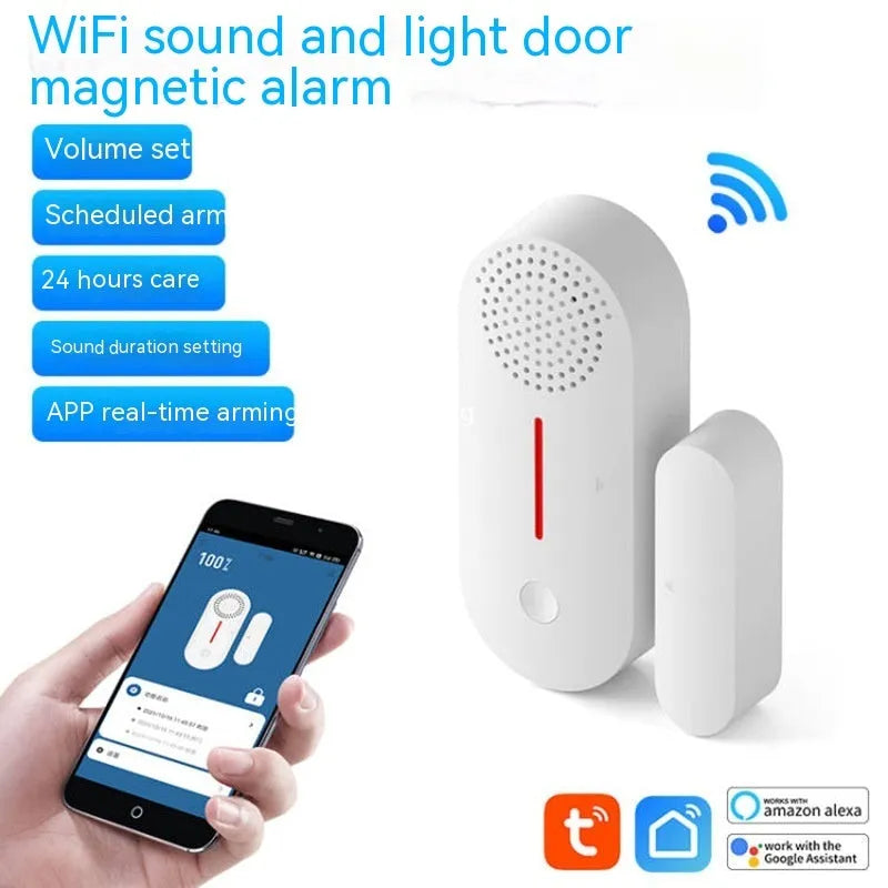 WiFi door magnetic sensor alarm with wireless connectivity and magnetic contacts for security