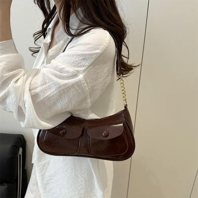 PU clamshell bag for women in horizontal square shape with single strap and splicing detail, available in black coffee red white colours