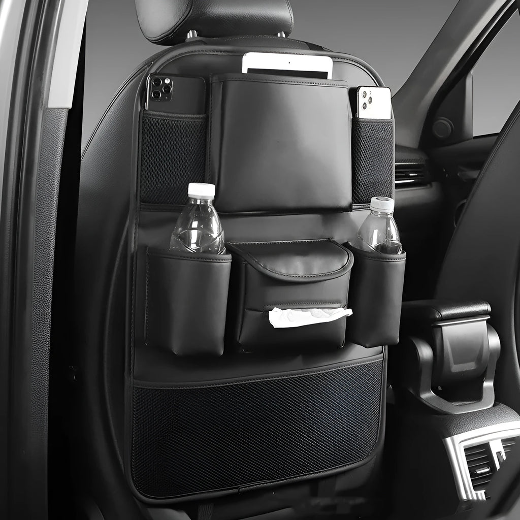 Leather car seat back storage bag in colour options of black, grey, green, and brown for hanging vehicle organisation.