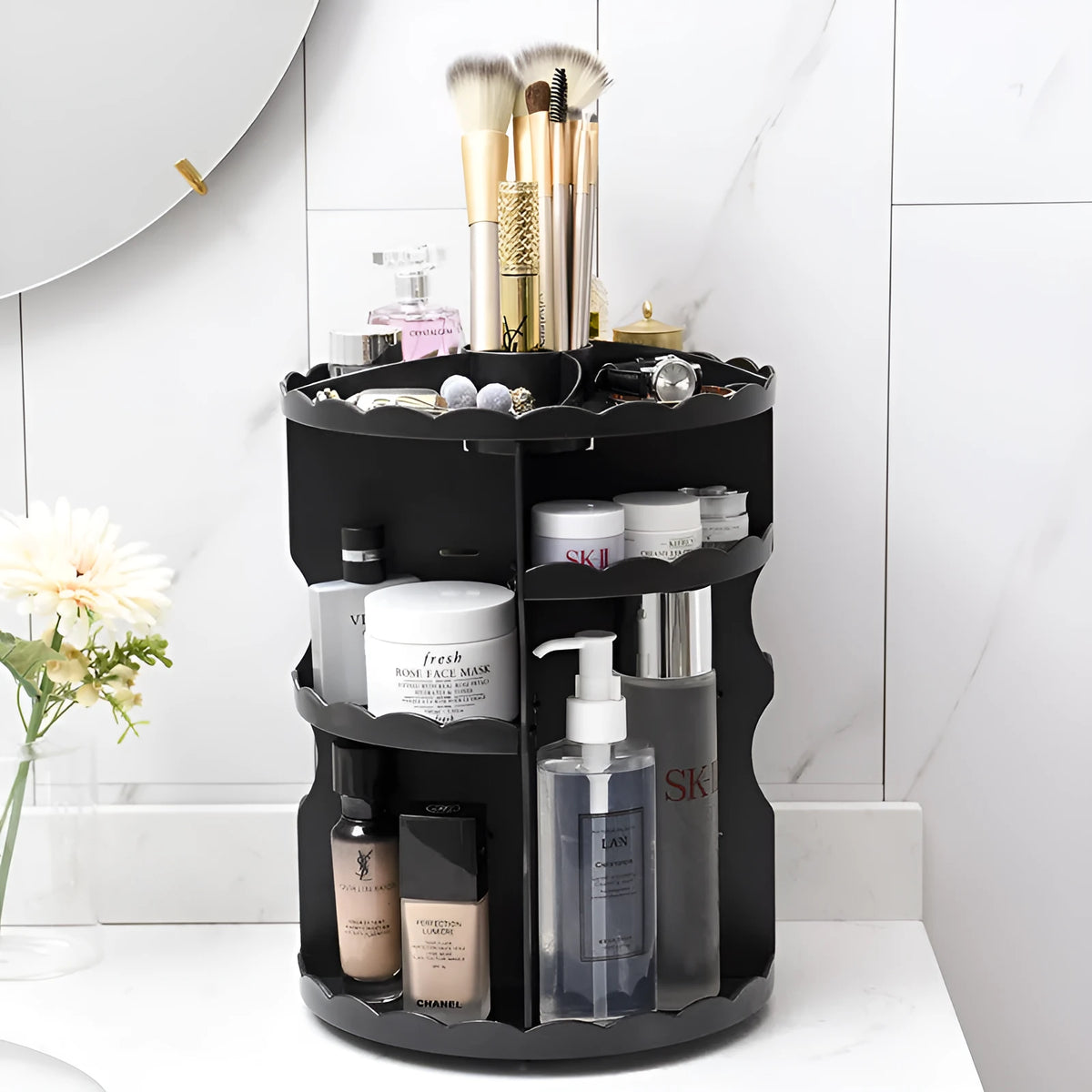Multi-function cosmetics storage box, 360 rotating plastic makeup organizer, 23 x 30.5cm, pink white black transparent