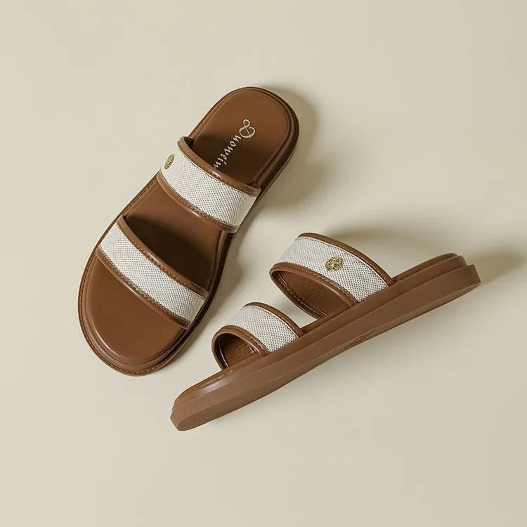 Women's vintage soft bottom flip-flops in brown and black artificial PU for beach and daily wear