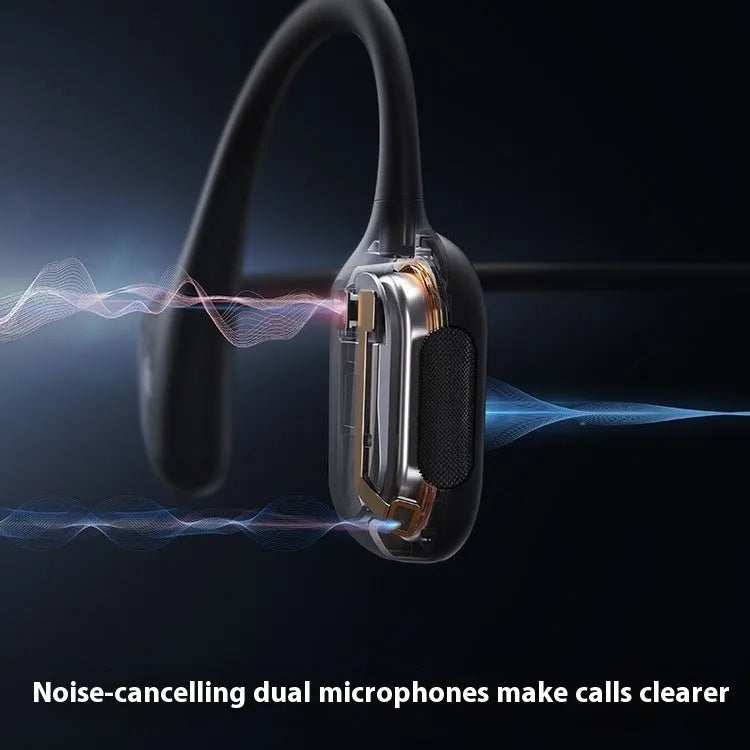Bone conduction wireless earphones in Knight Black with titanium alloy frame, side view of open-ear design