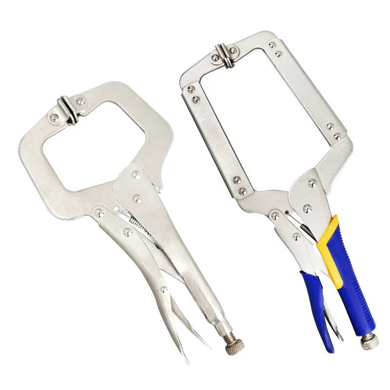 C-type alloy steel vise grip clamp with large opening and screw mechanism on a black background