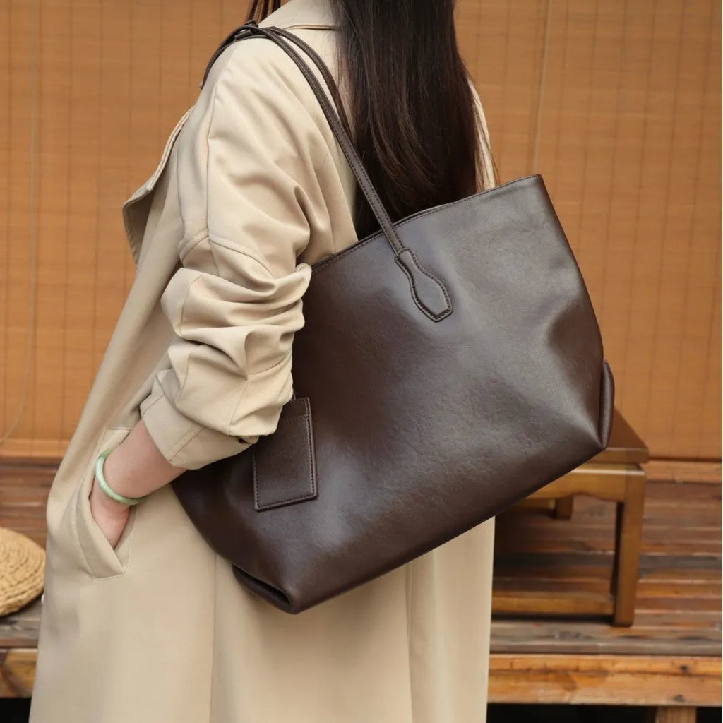 Cortex women's large-capacity zippered handbag in genuine leather, horizontal square shape with splicing detail, 35x17x30cm