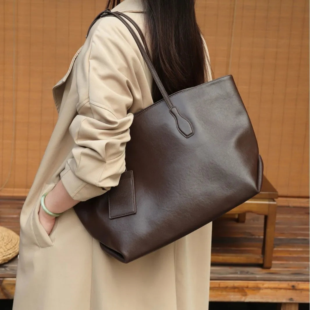 Cortex women's large-capacity zippered handbag in genuine leather, horizontal square shape with splicing detail, 35x17x30cm
