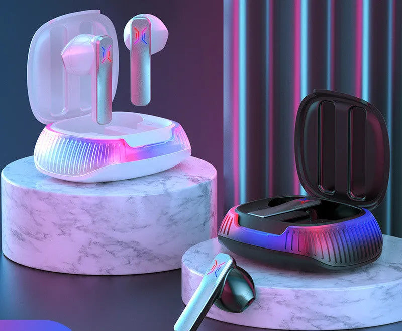 Hall Flashing wireless gaming headset with earplug design in black and white colour options