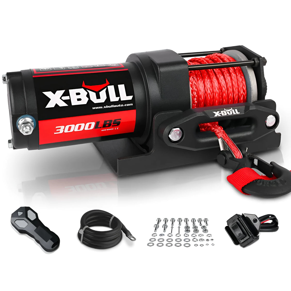 3000 pound electric winch with nylon rope, black, for off-road vehicle recovery, with mounting plate and remote controls
