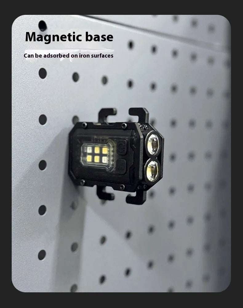 Mini portable tactical warning flashlight with USB charging cable and backpack mount.