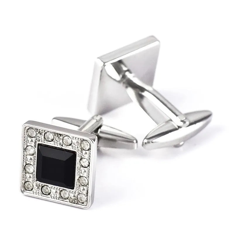 Black crystal French cufflinks with button feet for formal shirts, one pair