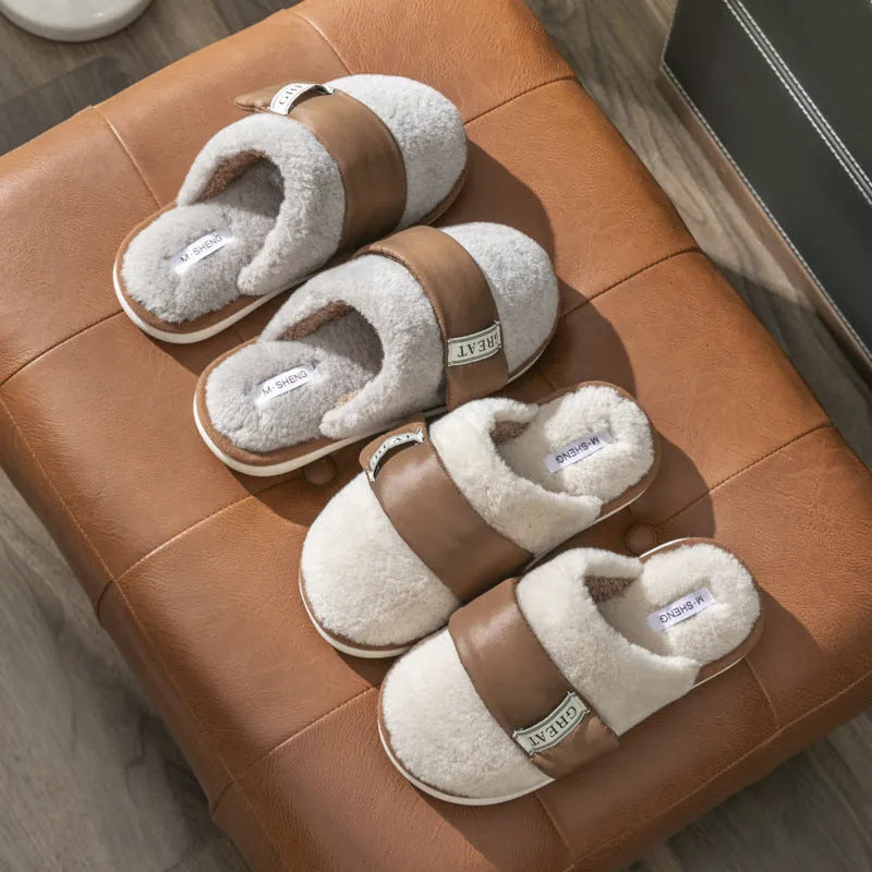 Velcro floor slippers with plush upper and plastic sole, available in five colours, sizes 36-45