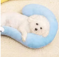 Blue U-shaped cat pillow with Moon design on a white background