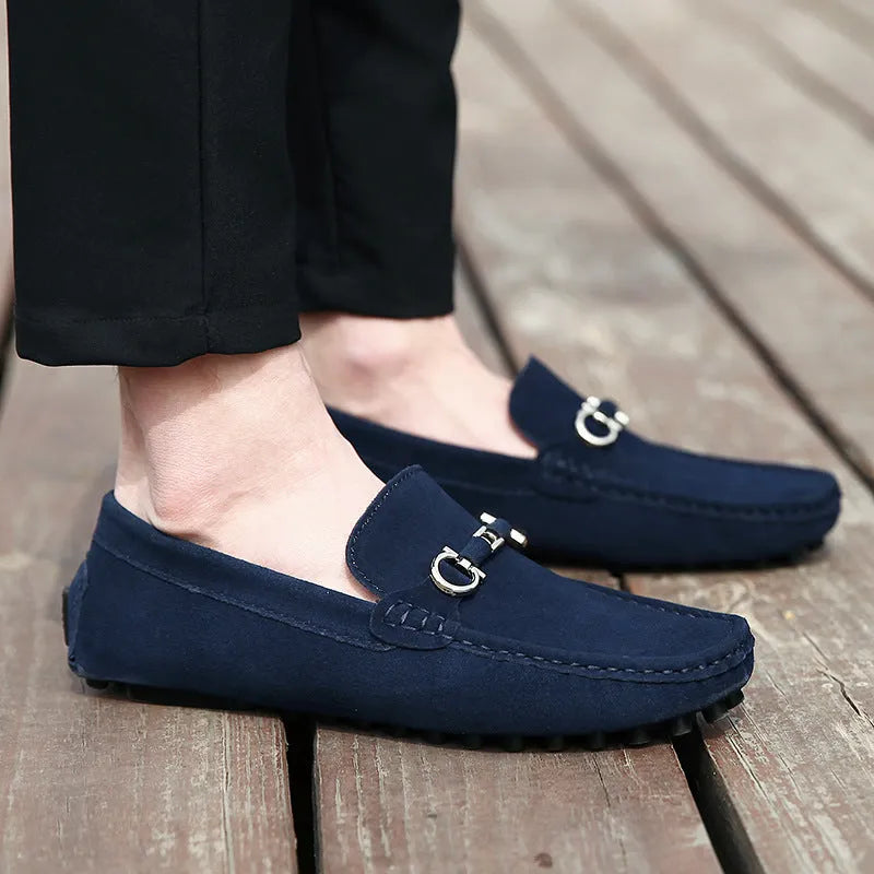 Men's black slip-on leather shoes with square toe and matte cowhide construction