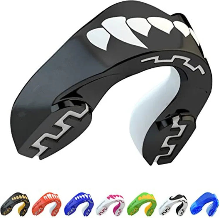 Adult boxing sports mouthguard with tooth socket free design in black and white printed teeth pattern.