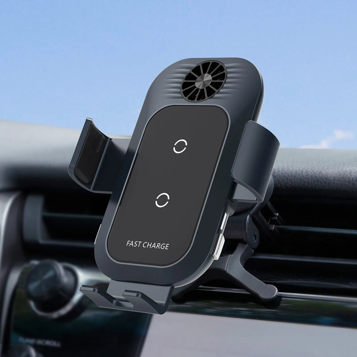 Black car wireless phone charger mounted on air vent with smartphone charging automatically clamped
