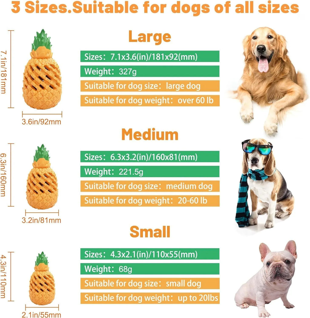 Pineapple-shaped natural rubber dog chew toy for aggressive chewers, available in multiple sizes