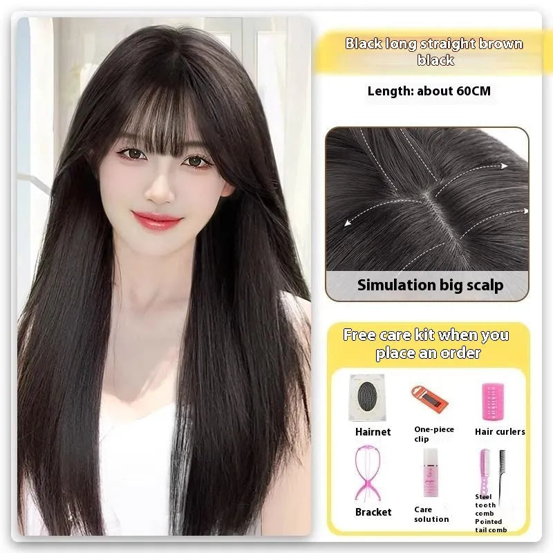 Black long straight synthetic wig with forehead lace and side bangs on a model.