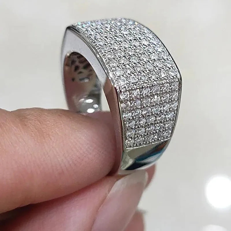 Micro-inlaid starry copper ring white gold colour with round zircon geometric unisex design