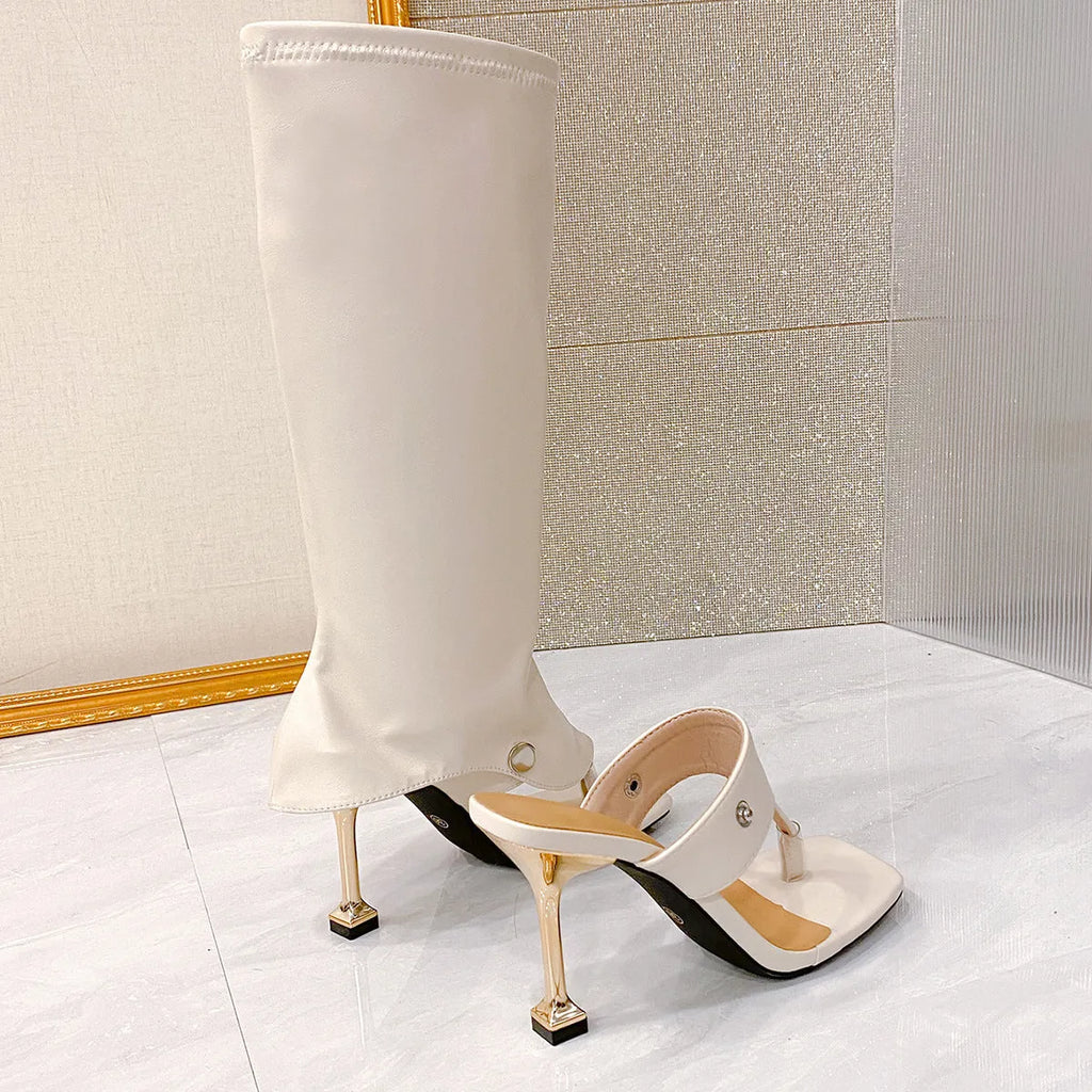 High-heel square-toe thin-strap slip-on sandal boots in beige with PU upper and rubber outsole