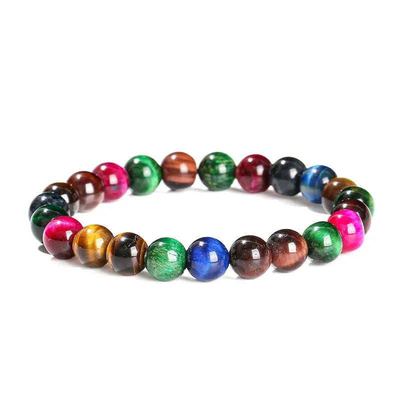 Colourful tiger-eye stone beaded bracelet with round beads on a cord, showing size options.