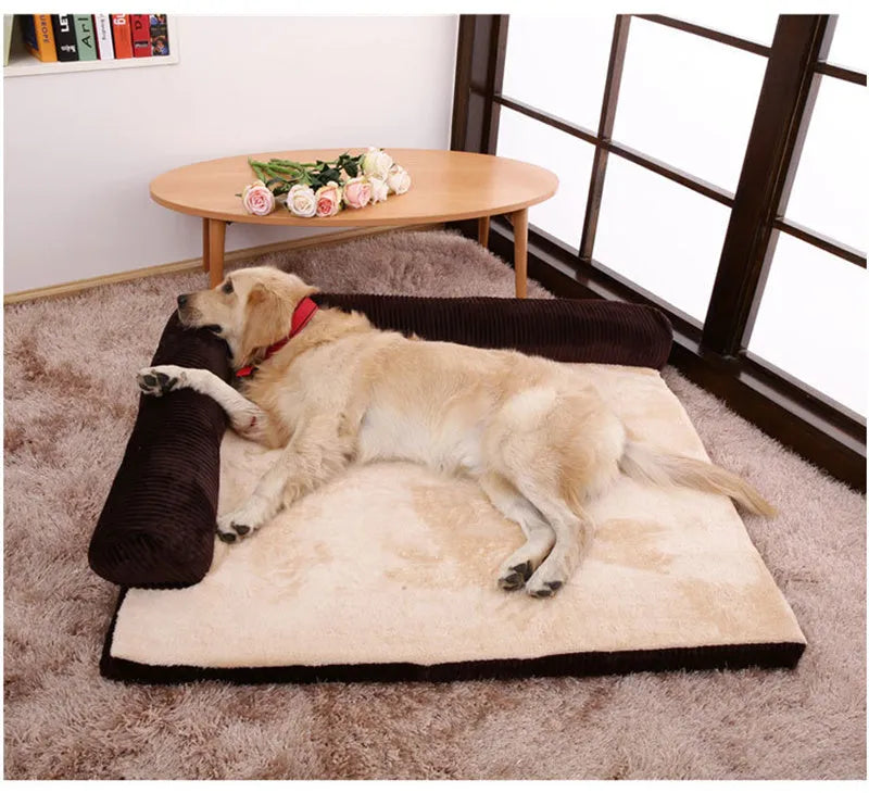 Corduroy pet sofa dog bed with removable cover in coffee colour showing non-slip base