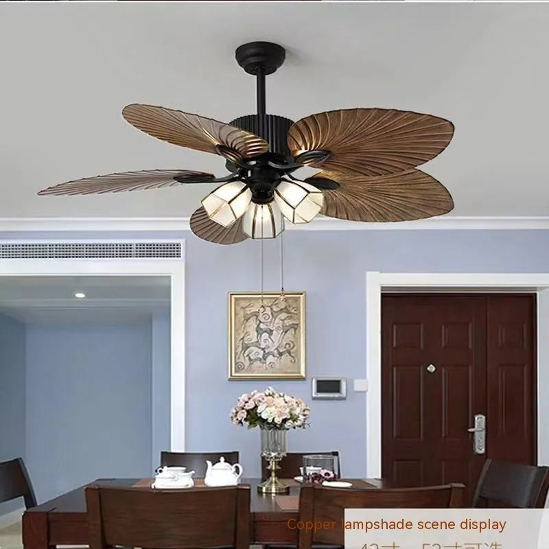 52-inch retro ceiling fan light with wooden blades and five-light copper lampshade