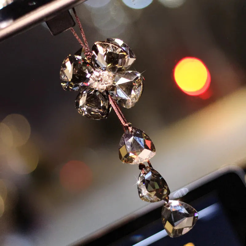 Crystal four leaf clover car pendant ornament in transparent, champagne, black, or shiny finish, approx 20 cm.