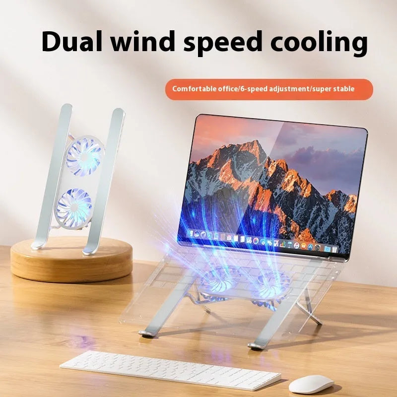 Silver aluminium laptop cooling stand with twin fans folded, next to its cloth storage bag and USB cable.