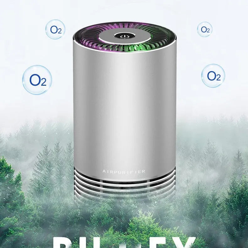 Black aluminium alloy car air purifier with USB cable on a car dashboard