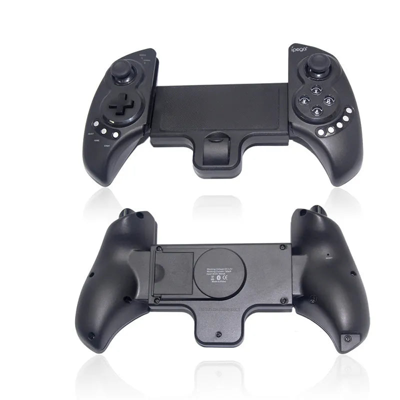 Black wireless Bluetooth controller with telescopic stand extended holding a smartphone in landscape orientation