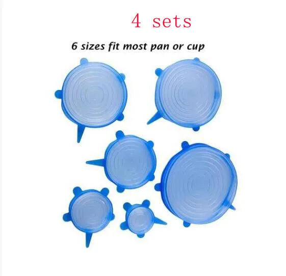 Scute Lids reusable silicone stretch lids in round and square shapes, various sizes and colours including blue, green, pink, white and yellow.