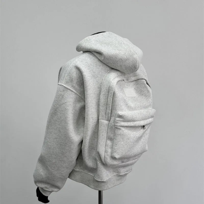 Back schoolbag design men's coat in light gray with hood, polyester cotton fabric, front view