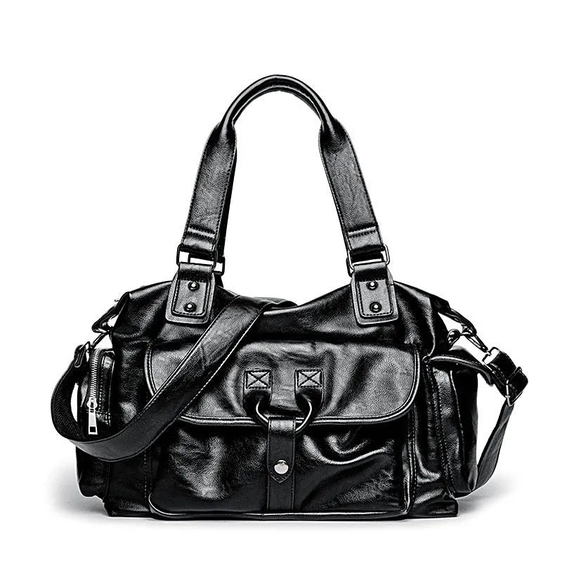 Men's black PU leather portable travel bag with zipper closure and retro Korean style