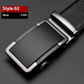 Men's automatic buckle leather belt in gun black, silver, or gold, showing the comfort click fastener and alloy buckle.