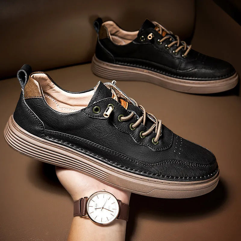 Versatile sports casual low-top cowhide flat shoes in black with front lace-up and round toe