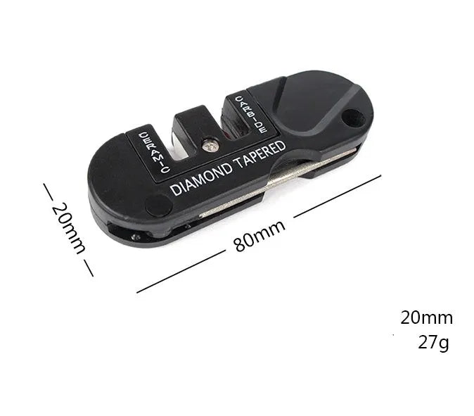 Pocket Pal compact knife sharpening tool in Black colour showing fold-out carbide blades ceramic stone and diamond rod