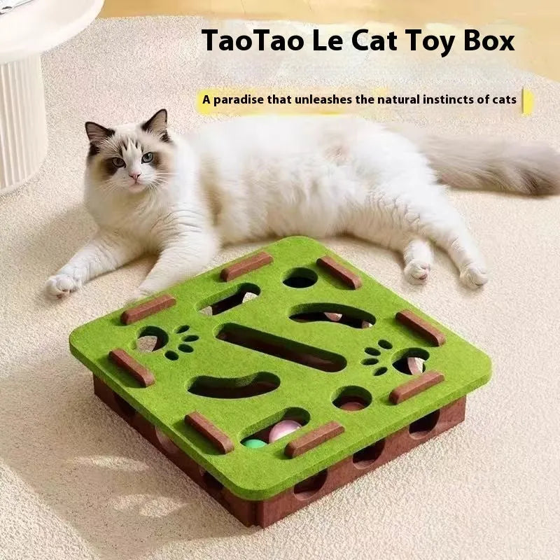 Green brown felt cat toy box with 30cm sides for scratching and play