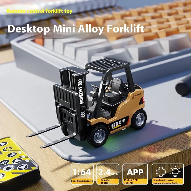 1:64 scale die-cast alloy Bluetooth remote-control forklift model with accessories on a table