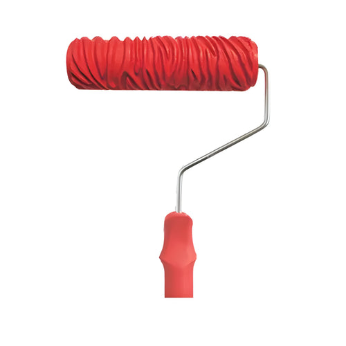 Red handled 7 inch texture paint embossing roller with rubber patterned sleeve for creating wall relief designs