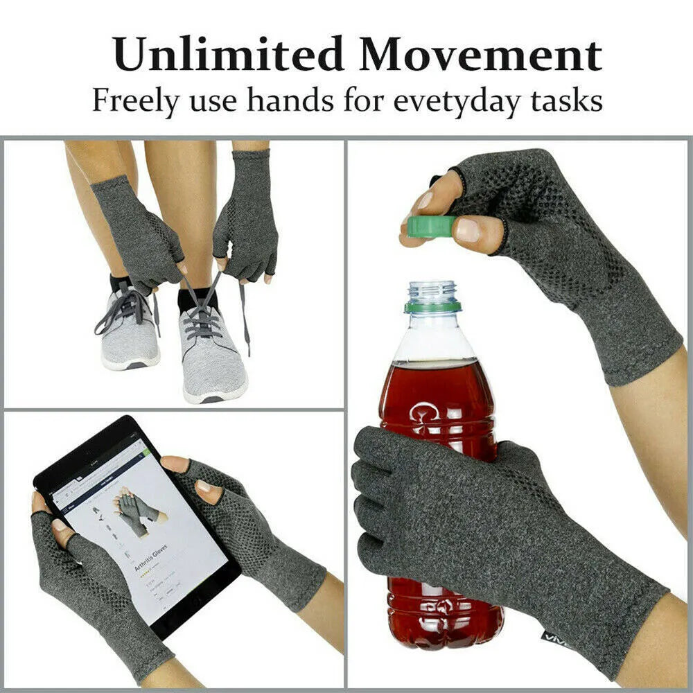 Grey half-finger joint compression gloves showing anti-slip palm pattern and trueran spandex fabric texture