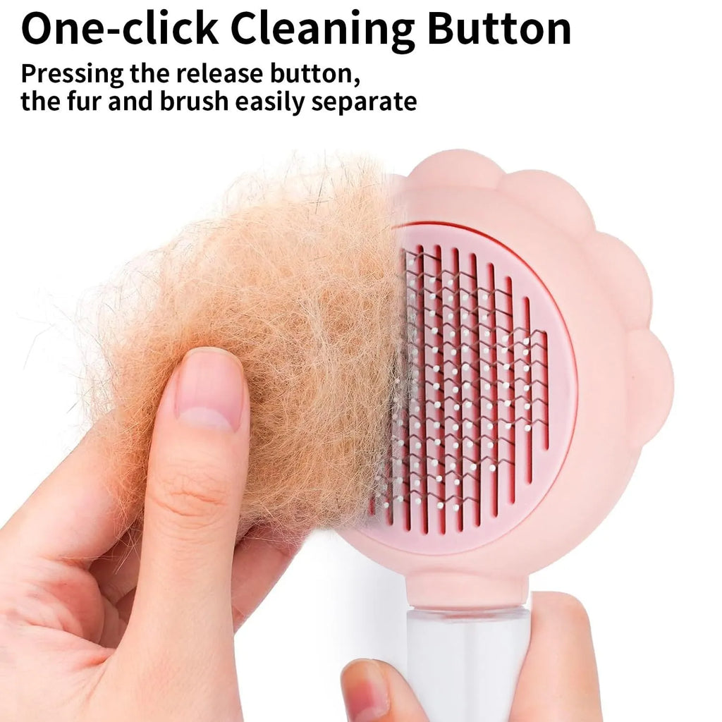 Grey spray cat brush with release button for pet grooming and shedding control