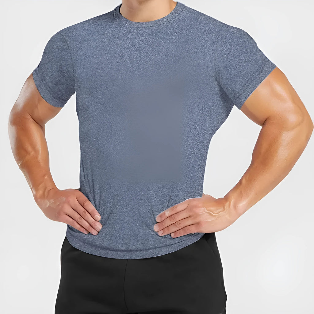 Men's quick-dry polka dot short-sleeved T-shirt in slim fit polyester, round neck, available in blue, white, black, gray, and navy.