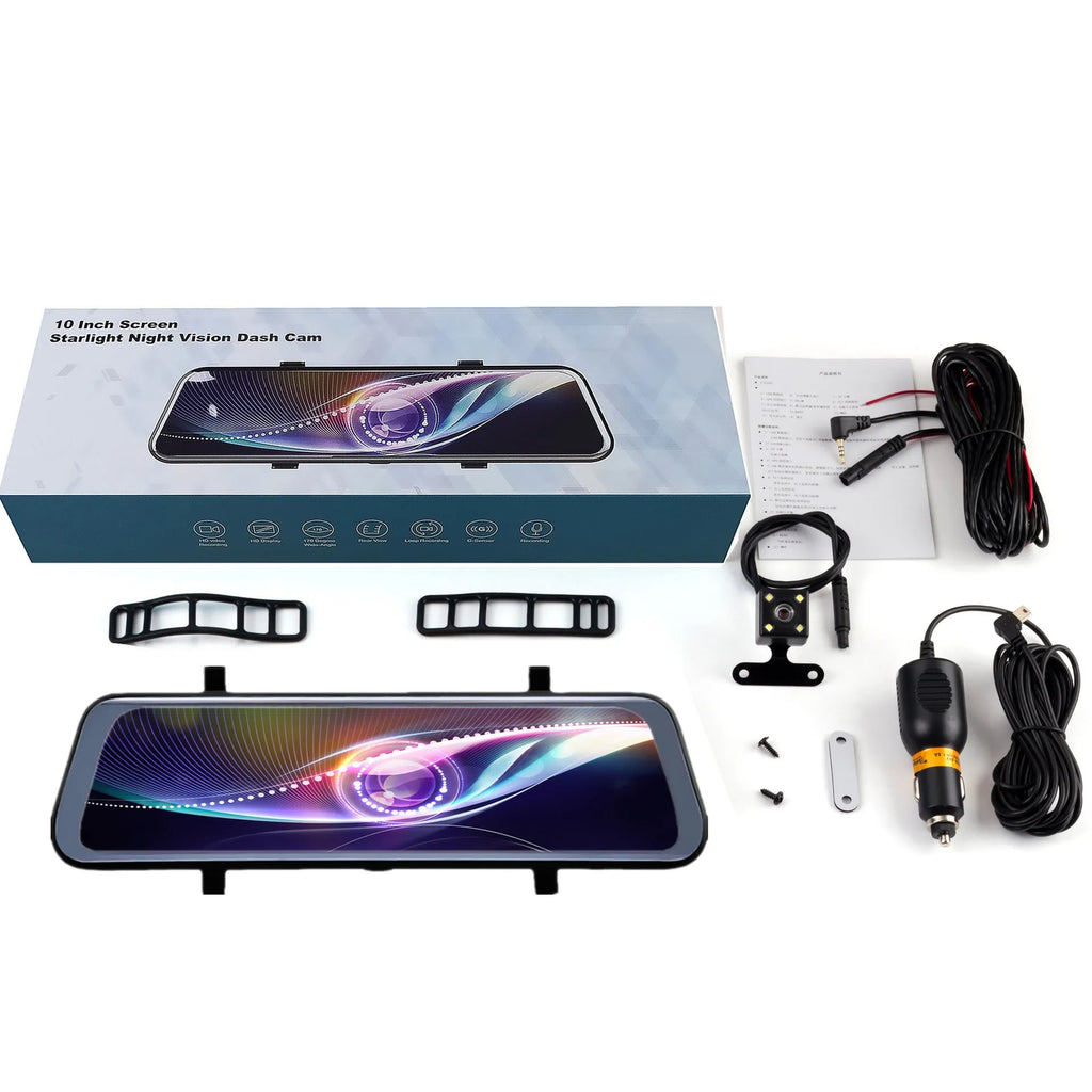 Black rearview mirror style driving recorder with large touch screen display mounted in a car