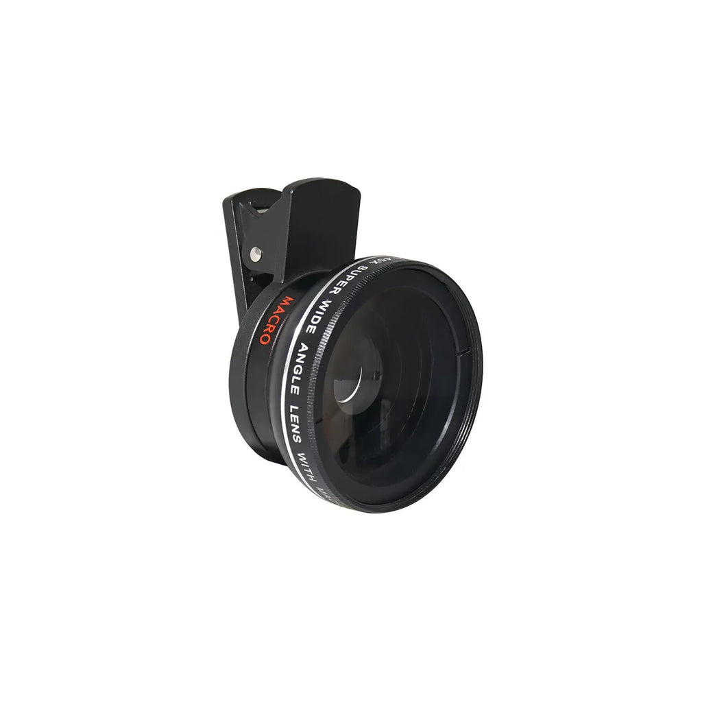 LIEQI silver wide-angle and macro smartphone camera lens clipped onto a mobile phone.