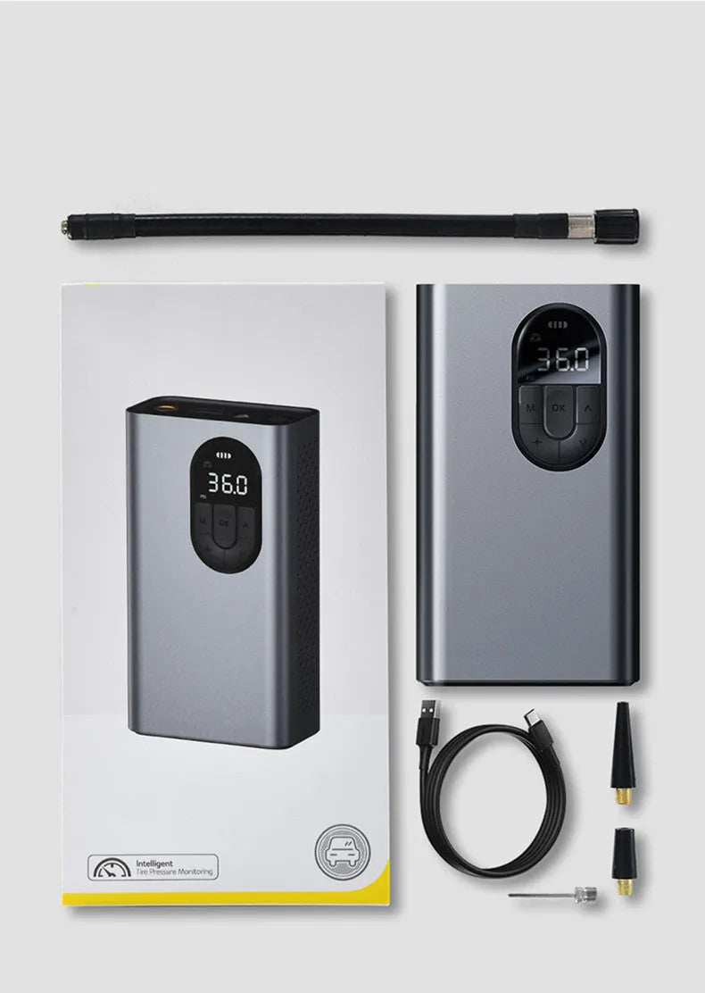 Portable car air pump with 2400mAh rechargeable battery, 54W power, and 610g weight for car tyre inflation