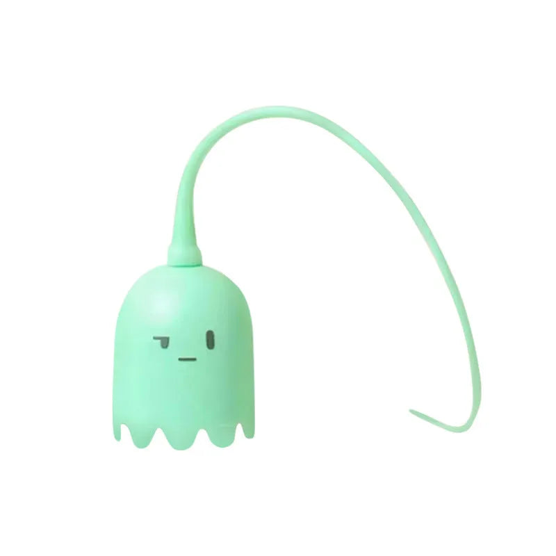 Automatic electronic cat toy wand with green silicone tails swinging in motion