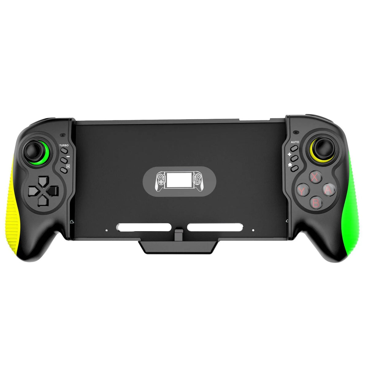 Yellow-green game controller with in-line handle design and somatosensory burst function