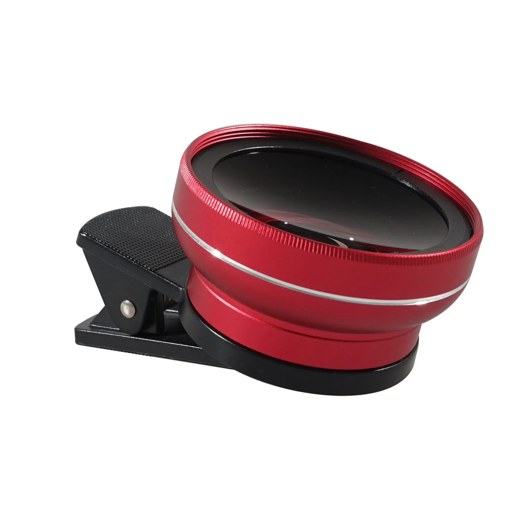 LIEQI silver wide-angle and macro smartphone camera lens clipped onto a mobile phone.