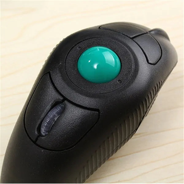 Y-10W black wireless trackball mouse with 6 buttons and 2.4GHz USB receiver on desk