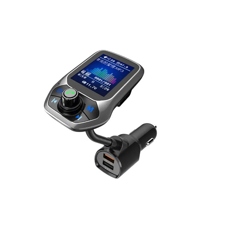 QC3.0 Bluetooth FM transmitter with dual USB ports, LCD display, TF card slot, and car battery voltage detection.