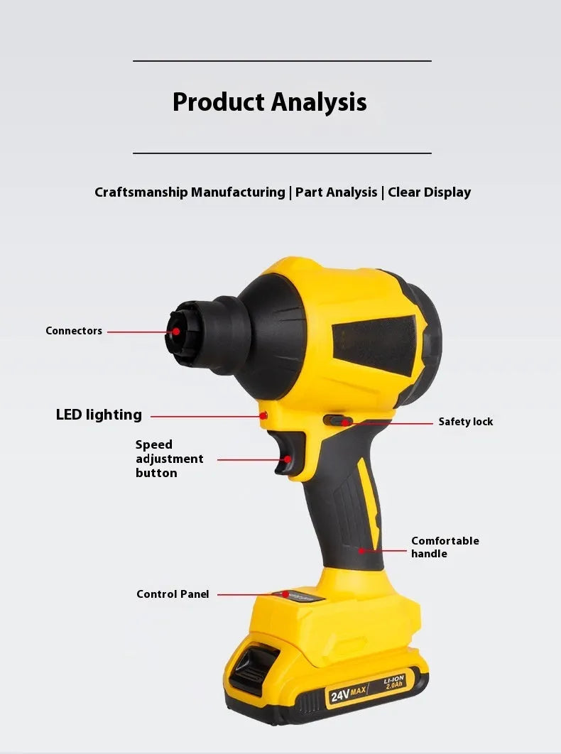 Yellow cordless handheld dust gun blower with accessories for home and office cleaning